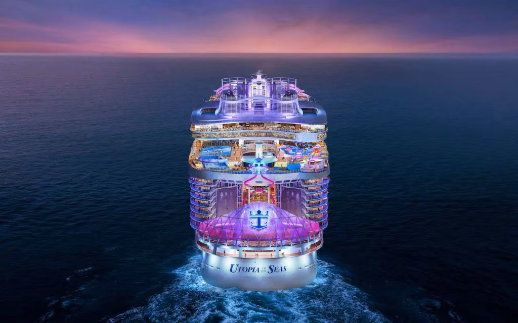Utopia of the Seas at night.